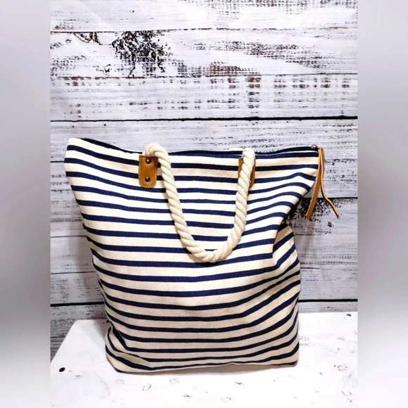 Summer Rose Striped Nautical Beach Tote with Rope Handles XL Size - Picture 7 of 7